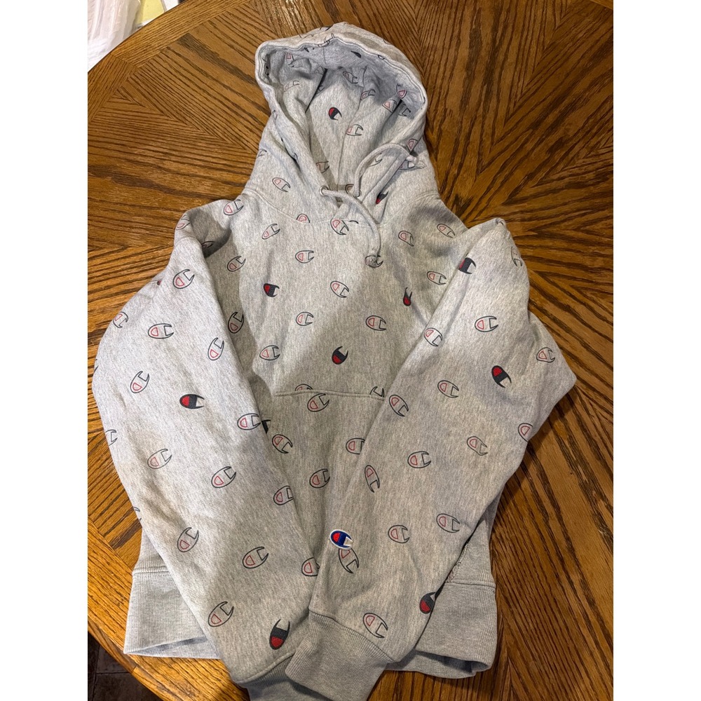 Champion Reverse Weave Hoodie Gray All Over Print Logo Mens Small Sweatshirt